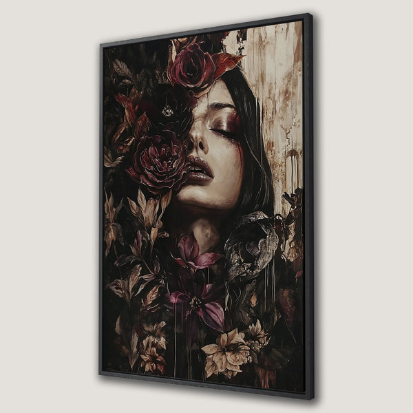 Framed Wall Art featuring a woman's face and floral elements in a dark, moody color palette. Perfect for adding a touch of gothic elegance to your space.