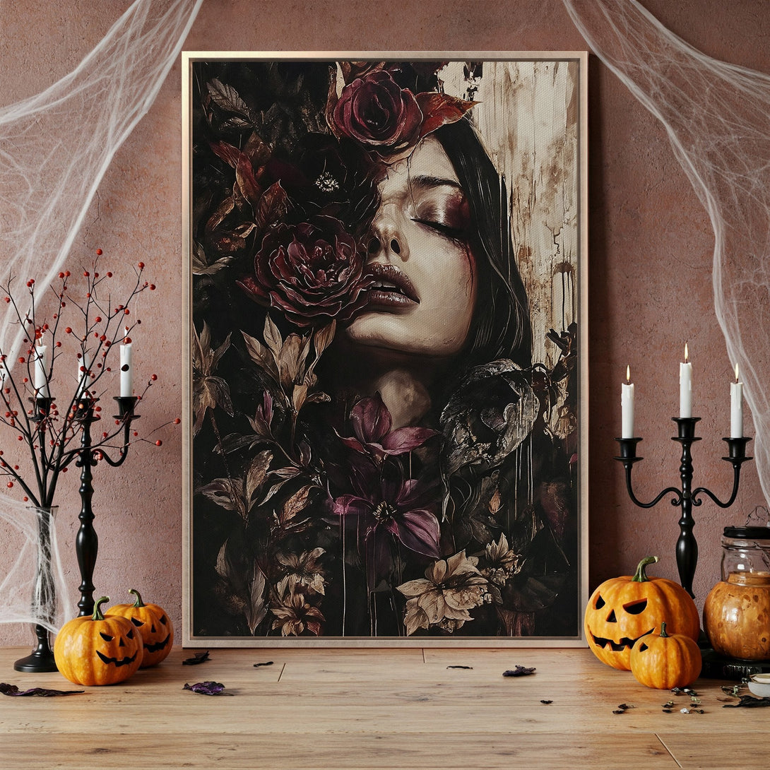 Framed Wall Art featuring a woman and flowers, dark and moody style. Rich burgundy and black color palette, perfect for Halloween decor.