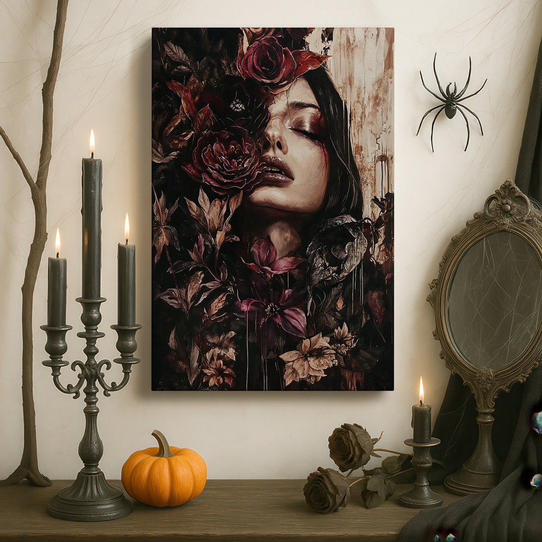 Framed Wall Art: Beautiful woman with roses Canvas Print, dark floral art with a moody, romantic color palette. Perfect for elegant home decor.