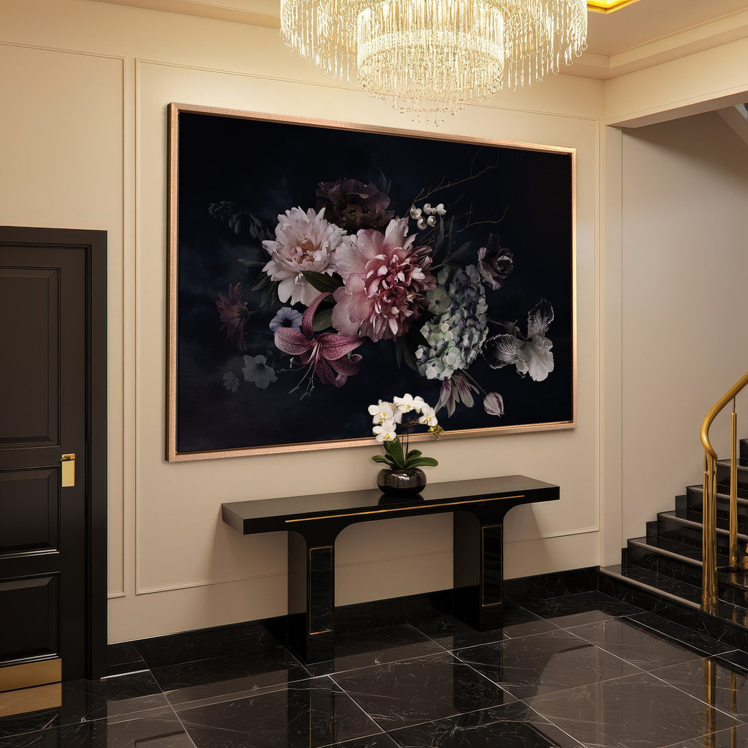 Framed Wall Art: Elegant floral Canvas Print in moody dark tones. Perfect for luxury home decor, featuring pinks, purples, and greens.