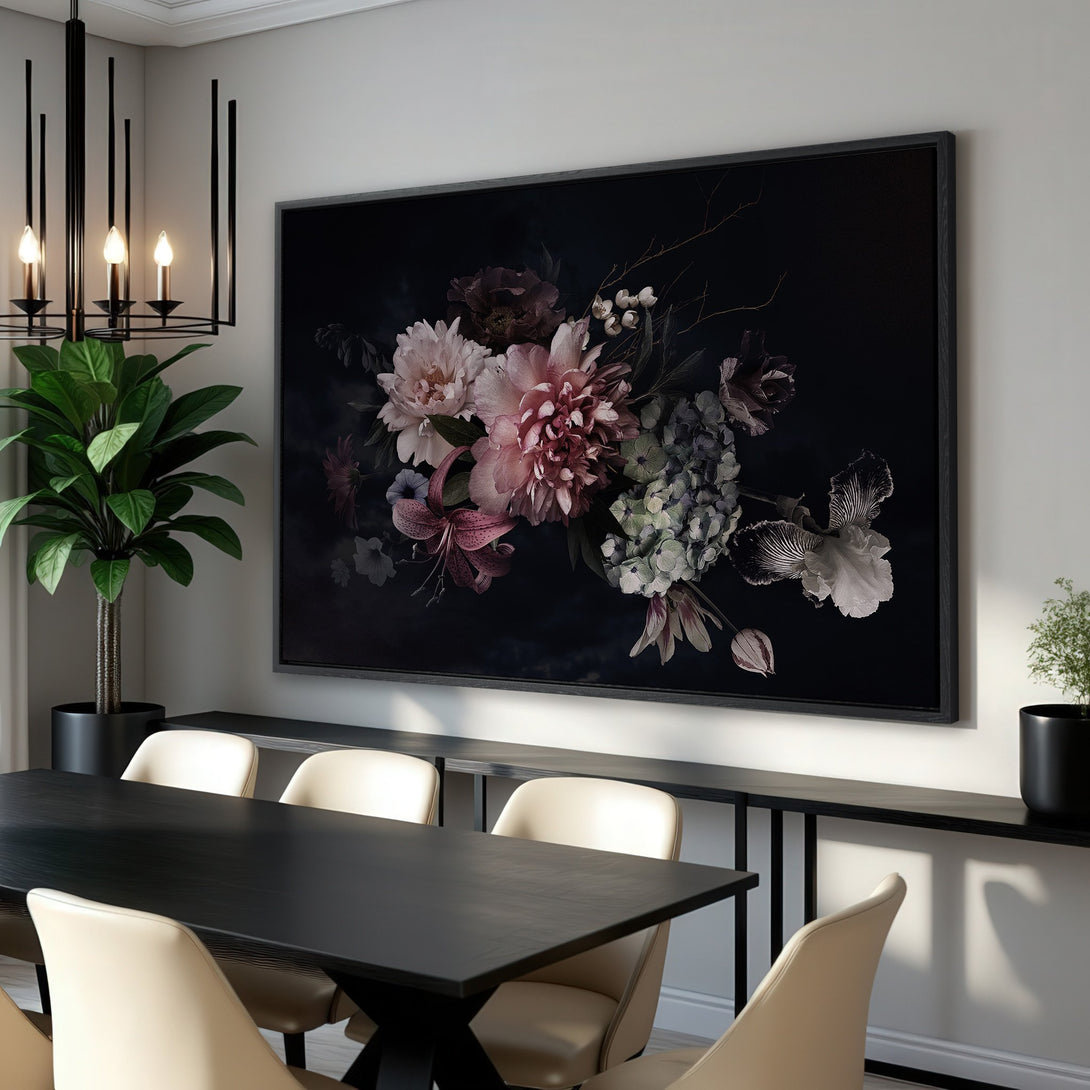 Framed Wall Art featuring a dark floral arrangement in a moody style with a pink and purple color palette. Perfect for adding elegance to any space.