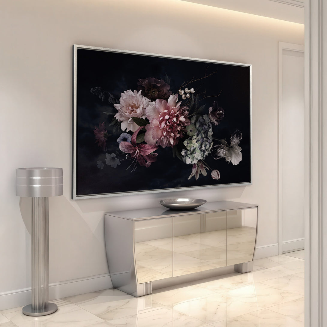 Framed Wall Art: Dark floral print with pink and purple blooms. Elegant style, moody color palette. Perfect for adding sophistication to your space.