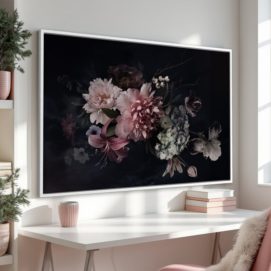 Framed Wall Art: Floral print canvas with dark background, featuring peonies & lilies in a moody, romantic style. Soft blush & muted green color palette.
