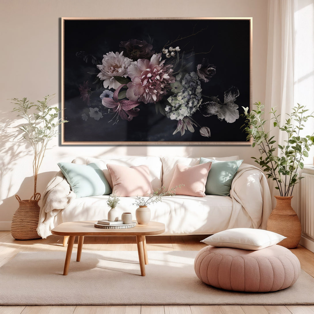 Framed Wall Art featuring a floral arrangement in a moody, vintage style. Soft pinks, greens, and dark tones create a stunning focal point for any room.