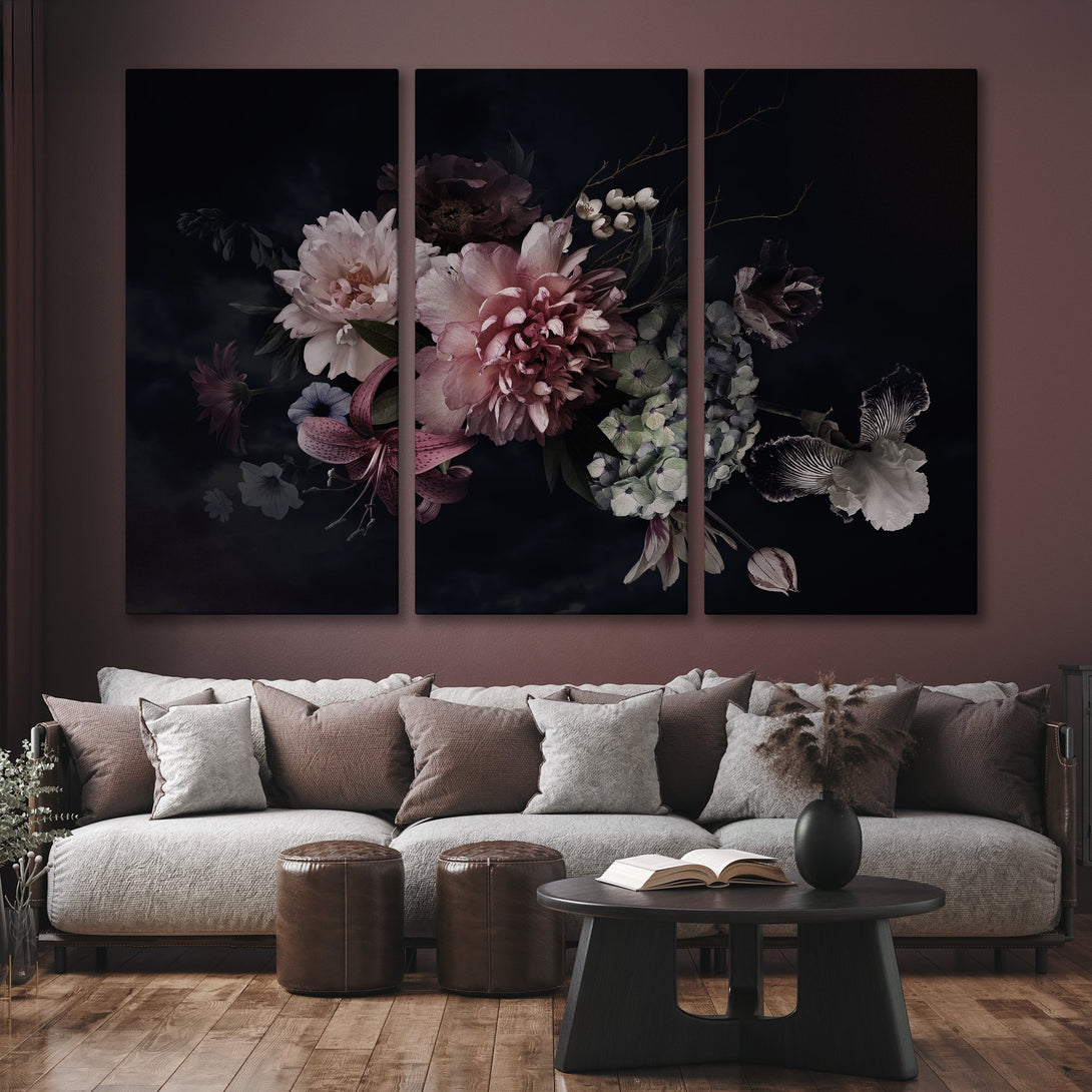 Canvas Print of a moody floral arrangement in a dark, romantic style. Features a muted color palette with pink, purple, and green hues.