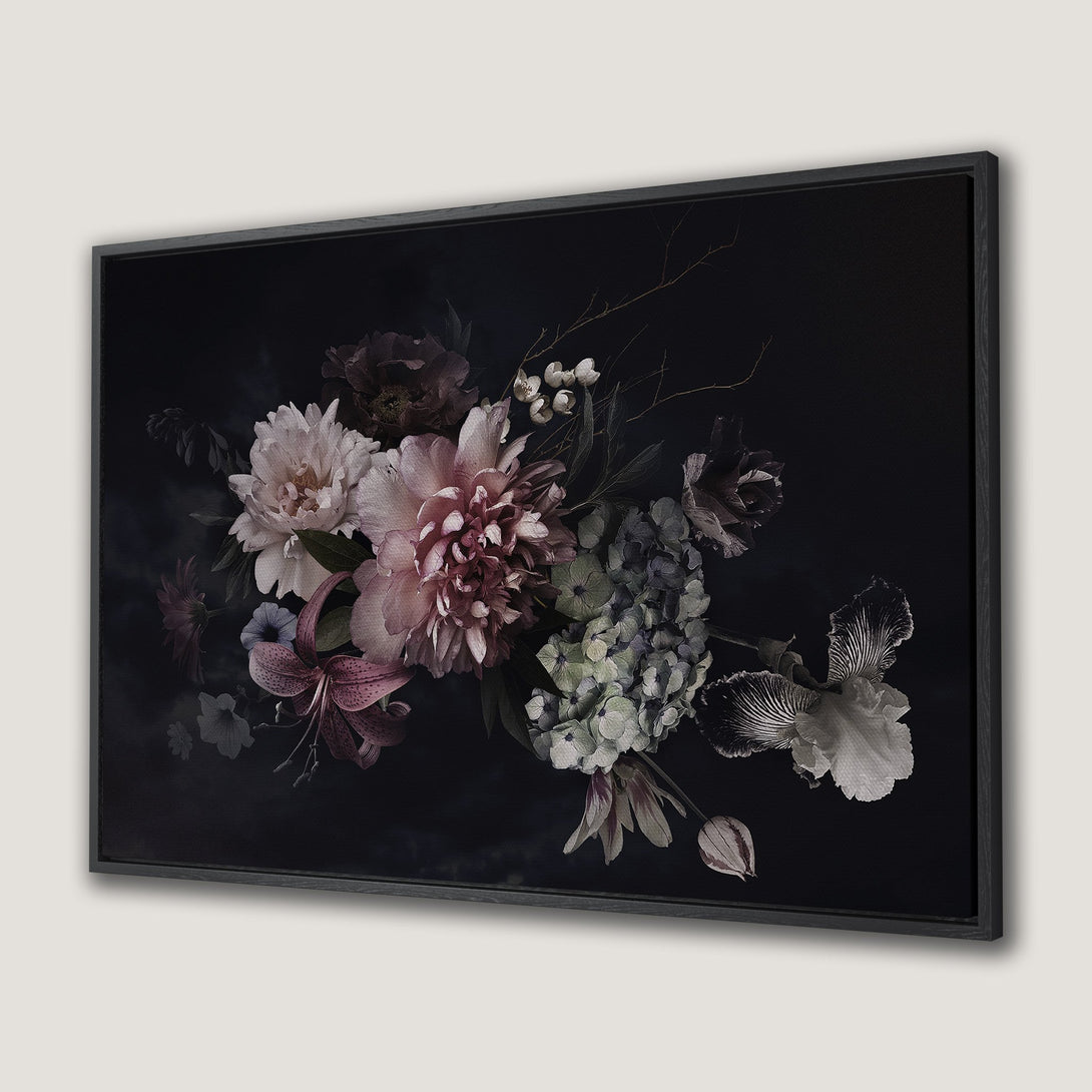 Framed Wall Art: Elegant floral Canvas Print with dark, moody aesthetic. Features peonies, lilies, and hydrangeas in a muted color palette.