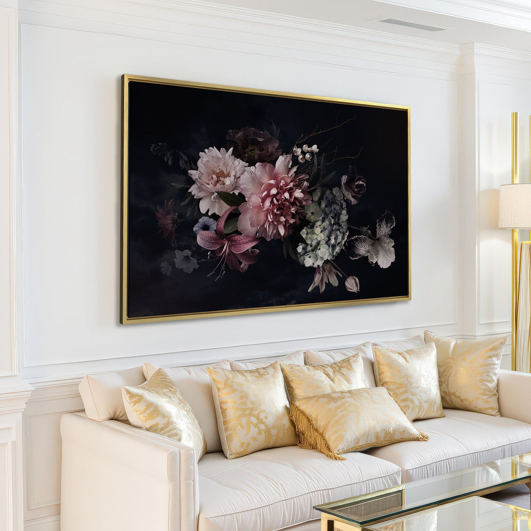 Canvas Print featuring a moody floral bouquet in shades of pink, purple, and white against a dark background, perfect for any interior.