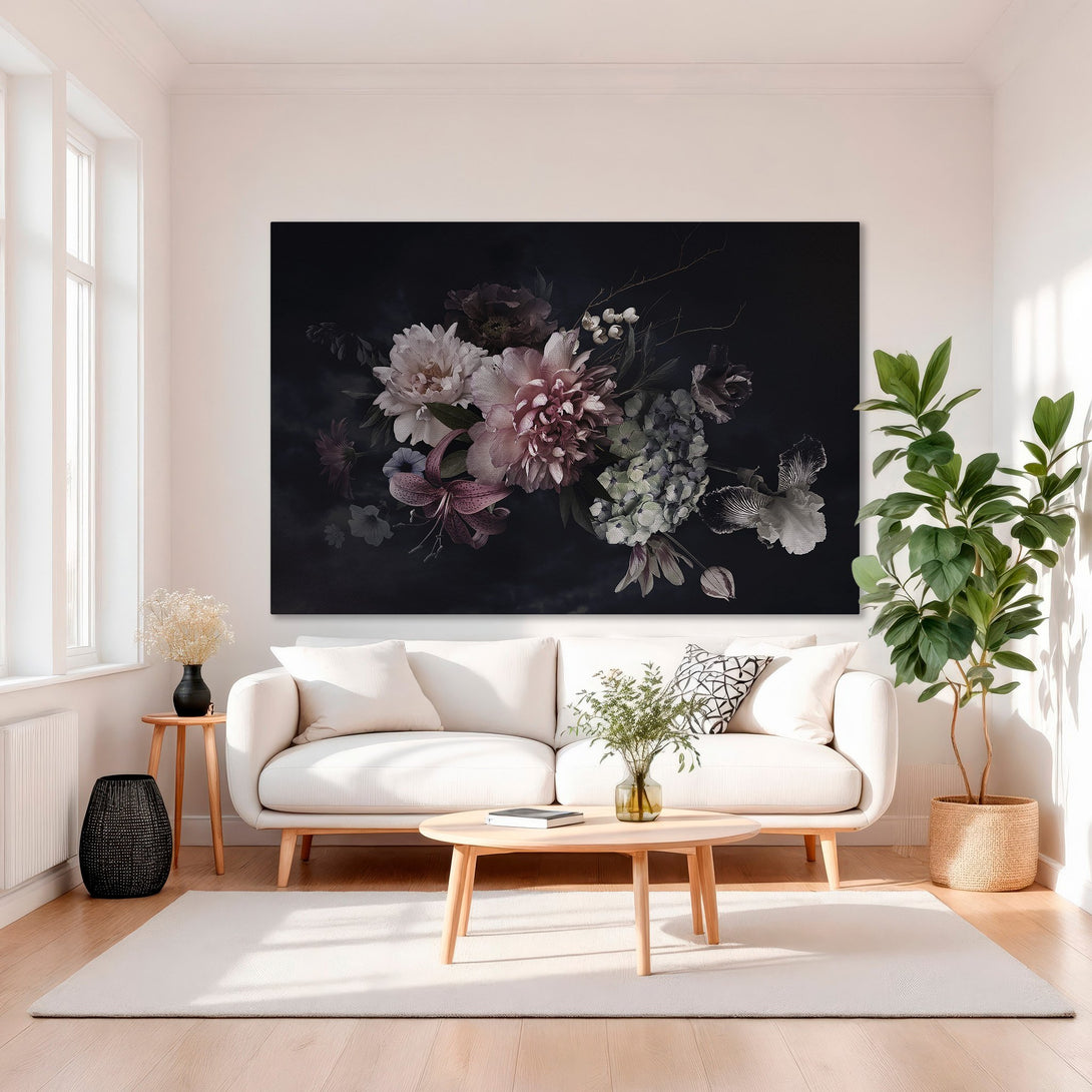 Framed Wall Art featuring a dark floral arrangement. Elegant, moody style with a black, pink, and gold color palette. Perfect for adding sophistication to your space!