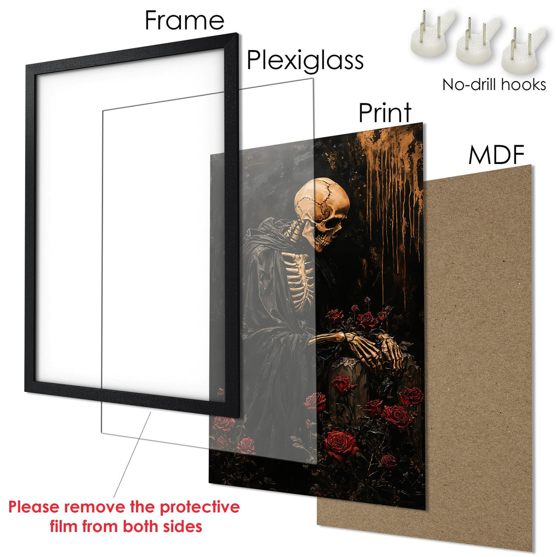 Framed Poster featuring a gothic skeleton with roses, dark style, and a moody black and red color palette. Perfect wall art!
