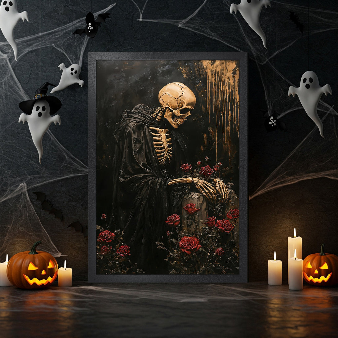 Framed Poster featuring a skeleton with roses, dark gothic style, black, gold, and red color palette, perfect for Halloween decor.