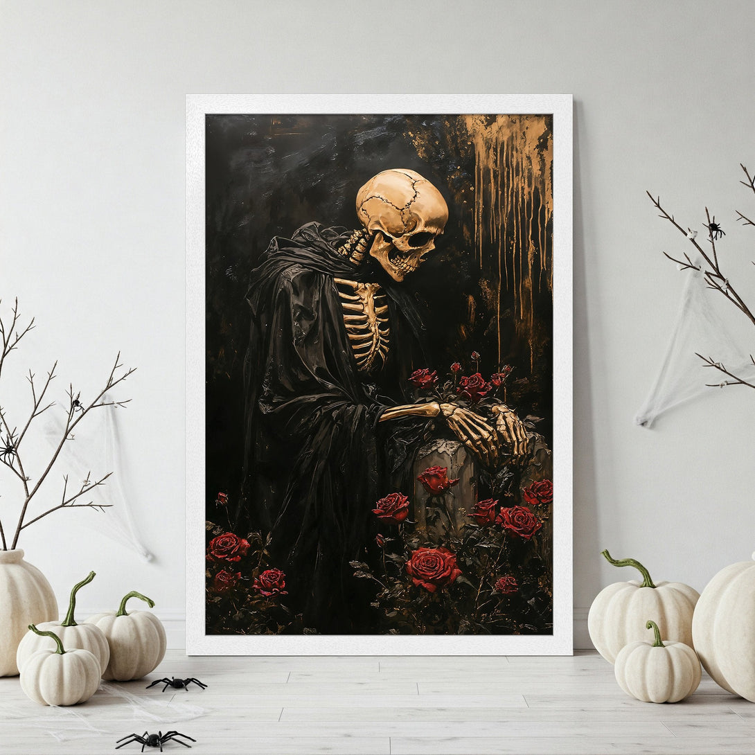Framed Poster featuring a gothic skeleton with red roses, dark and gold color palette, perfect Halloween decor.