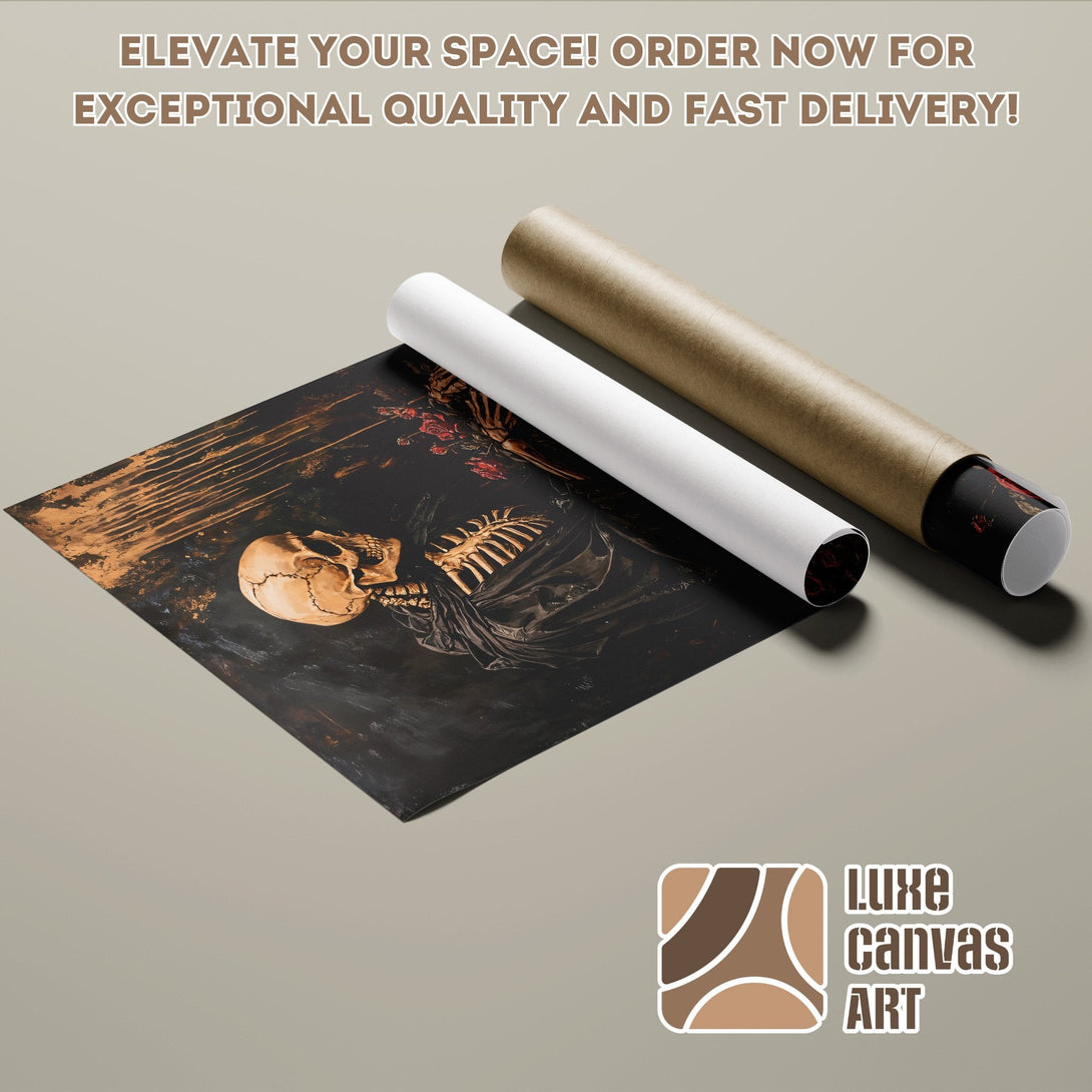 Poster Roll with skeleton art in dark tones. Elevate your space with Luxe Canvas Art! Order now for fast delivery!