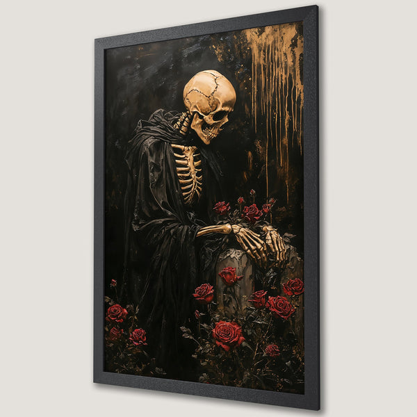 Framed Poster featuring a skeleton with roses, gothic art style, dark and gold color palette. Add a touch of macabre to your decor.