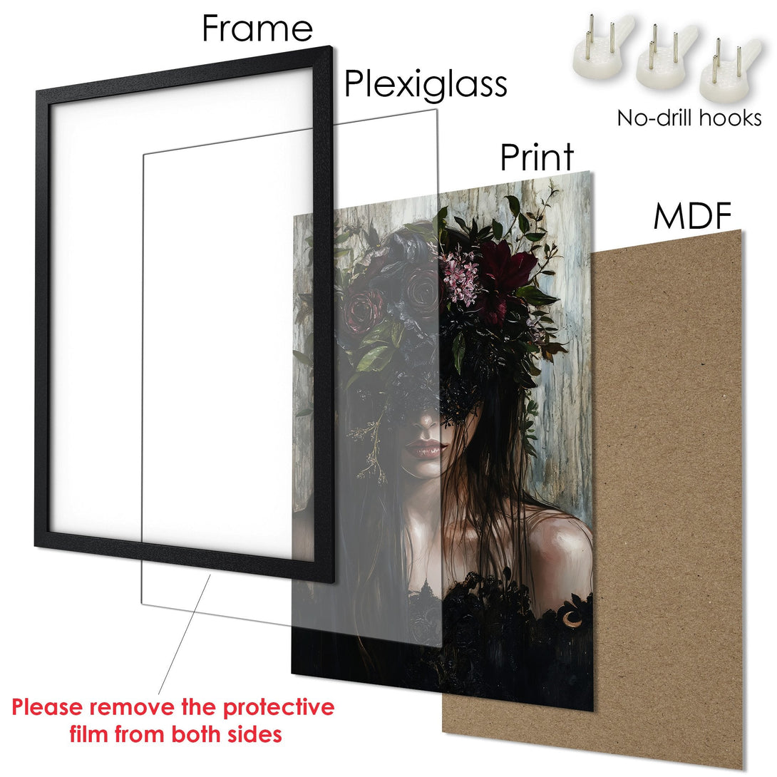 Framed Poster: Gothic woman art print with dark floral crown, moody style, and a deep color palette. Ready to hang!