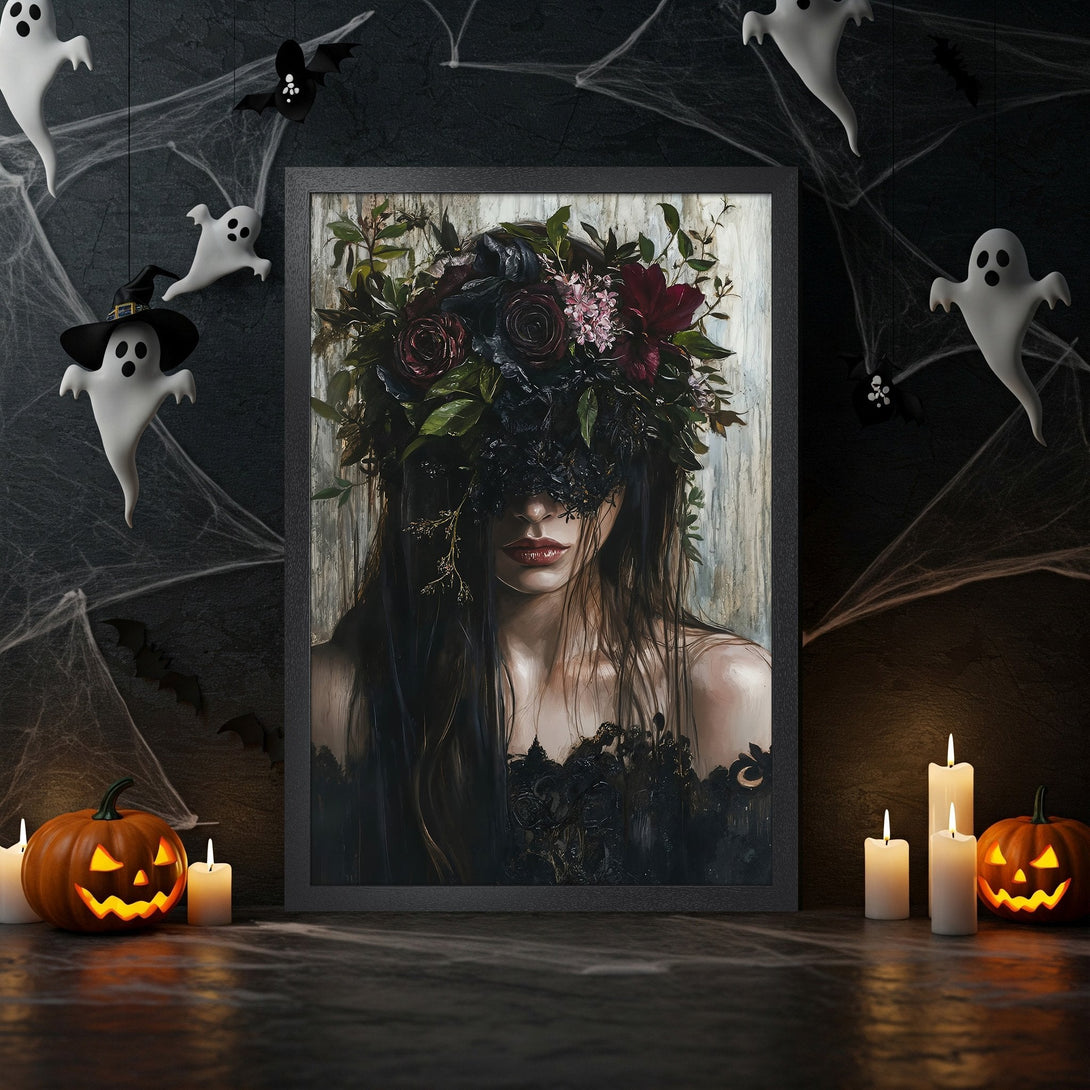 Framed Poster featuring a gothic woman with floral crown, dark style, moody color palette for Halloween decor.