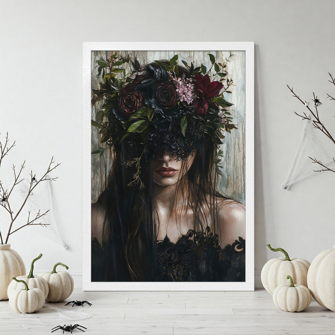 Framed Poster: Gothic portrait with floral crown. Moody art print in dark, rich colors. Perfect for Halloween decor.