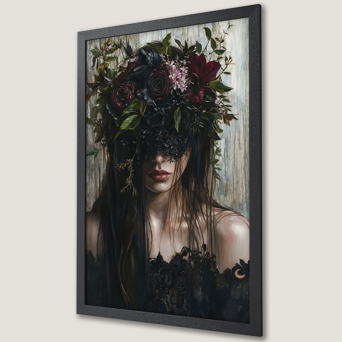 Framed Poster featuring a woman with floral headpiece, dark & moody style, with a rich palette of black, burgundy, and green.
