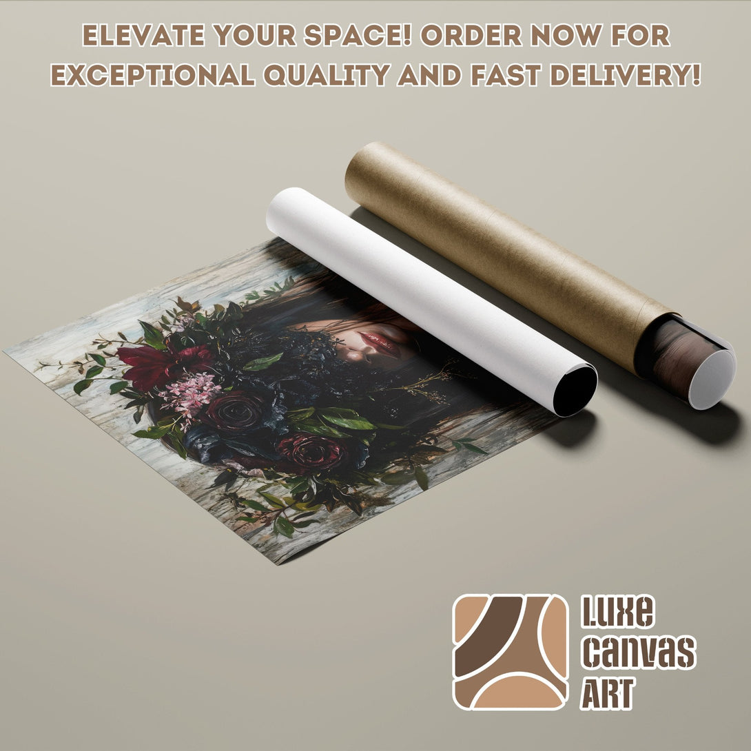 Poster Roll featuring a woman with dark floral arrangement, moody style, and a rich color palette.