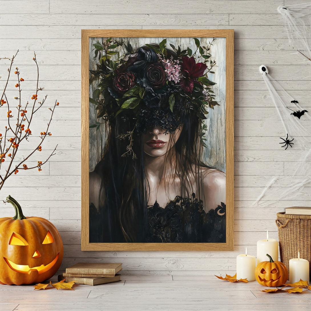 Framed Poster featuring a woman with floral headpiece, in a dark, moody style. Rich burgundy, black, and green color palette. Perfect Halloween decor.
