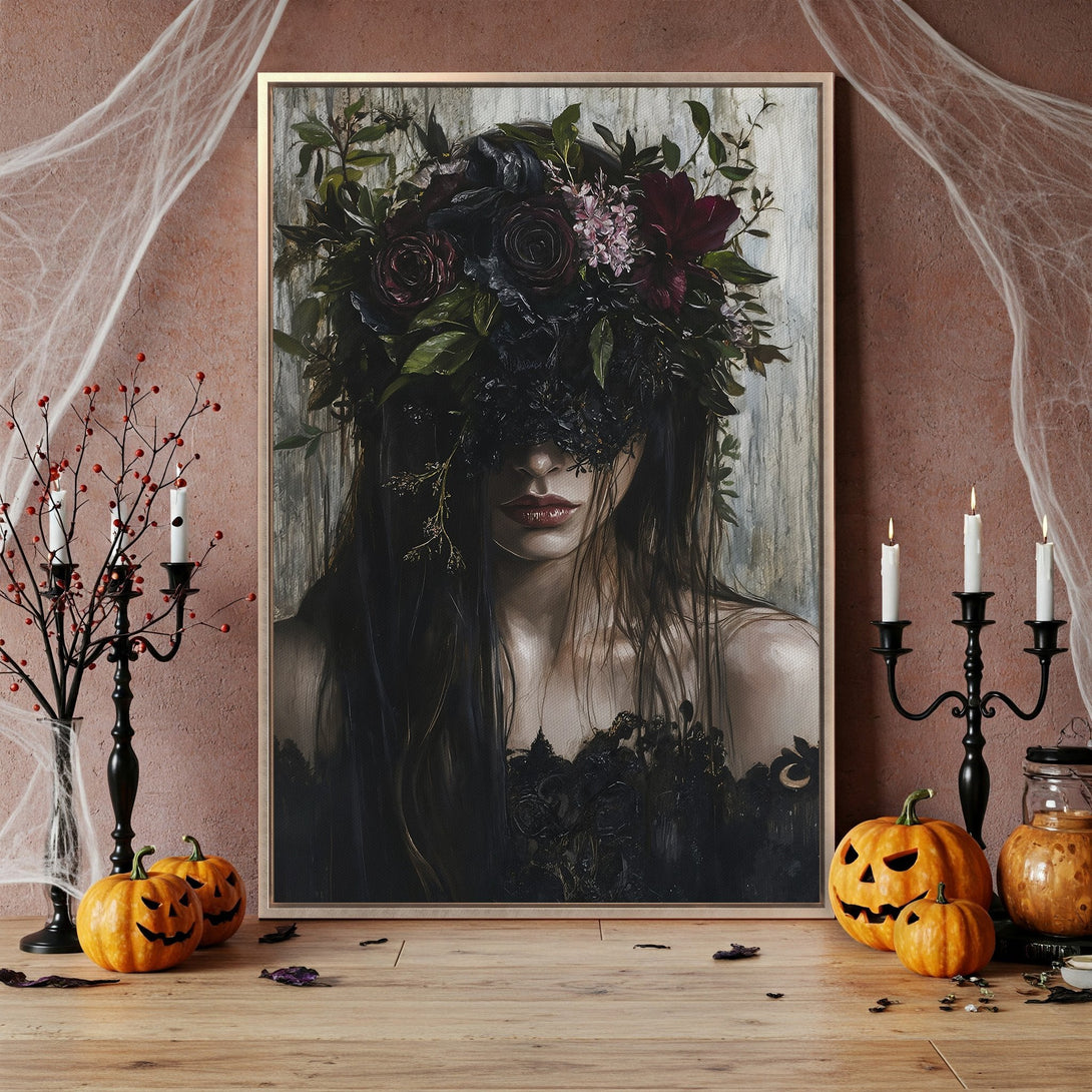 Framed Wall Art: Gothic portrait with dark floral crown. Moody, romantic style in black, burgundy, and green hues. Perfect Halloween decor.