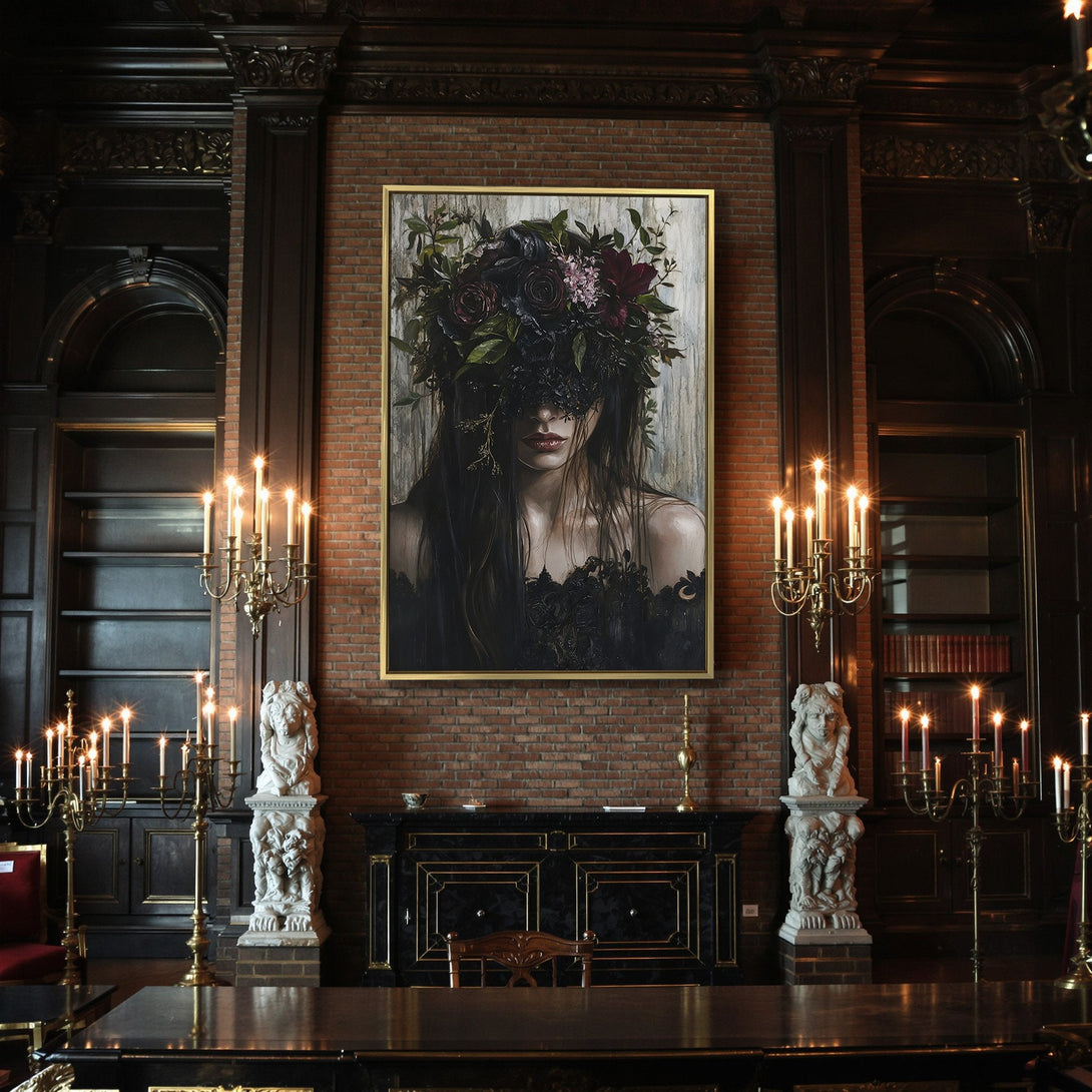 Canvas Print of a woman with floral headdress, dark and moody art. Black, red, and green color palette, perfect for Halloween decor.
