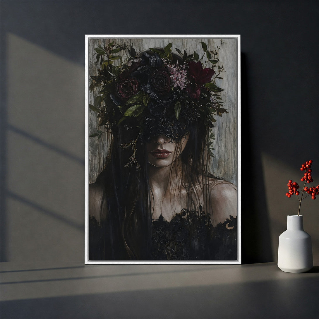 Framed Wall Art of a woman with floral crown, dark and moody style. Featuring a black, burgundy, and neutral color palette. Perfect for gothic decor.