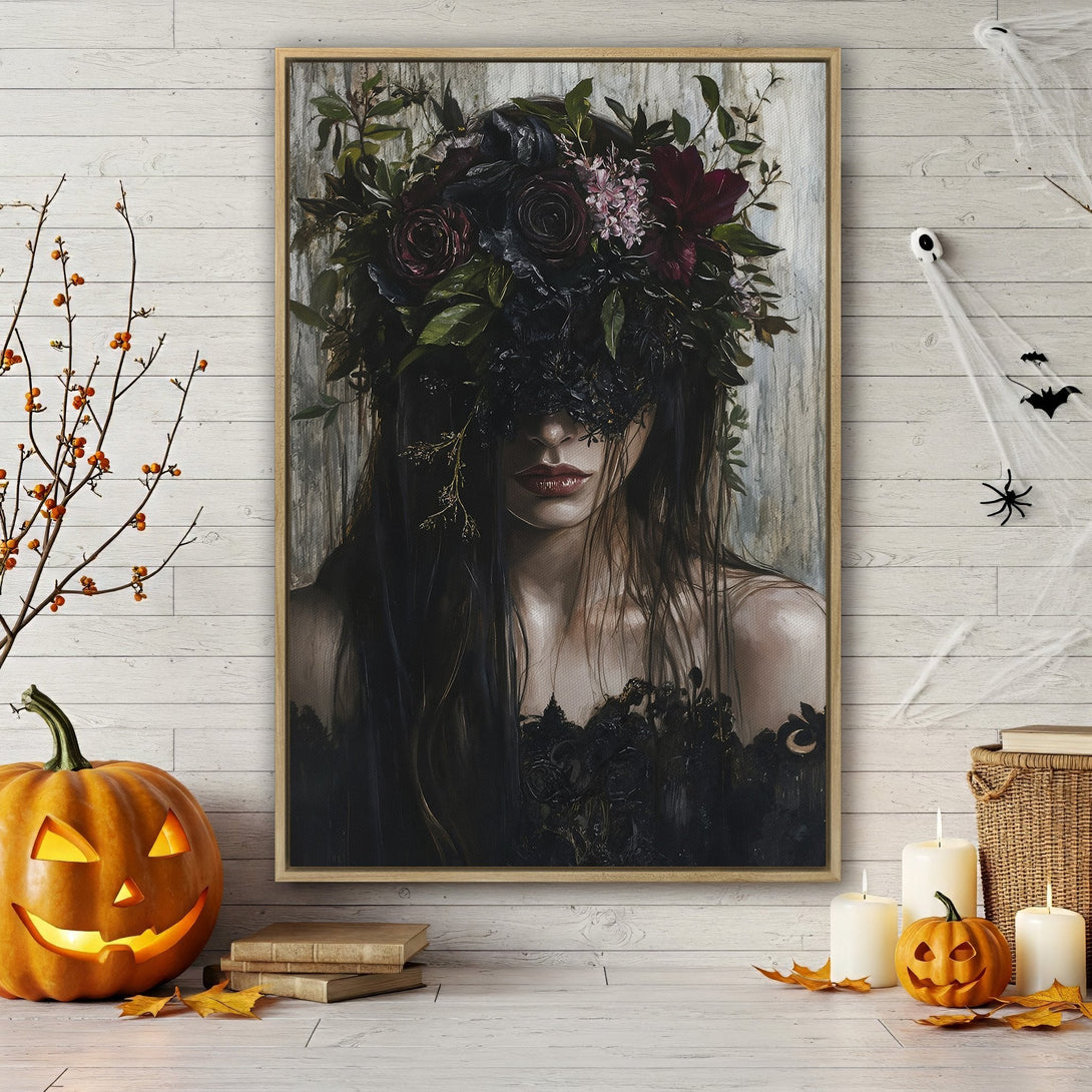 Framed Wall Art: Gothic portrait of a woman with a floral crown, dark color palette, perfect for Halloween decor. Add a touch of mystery to your walls!
