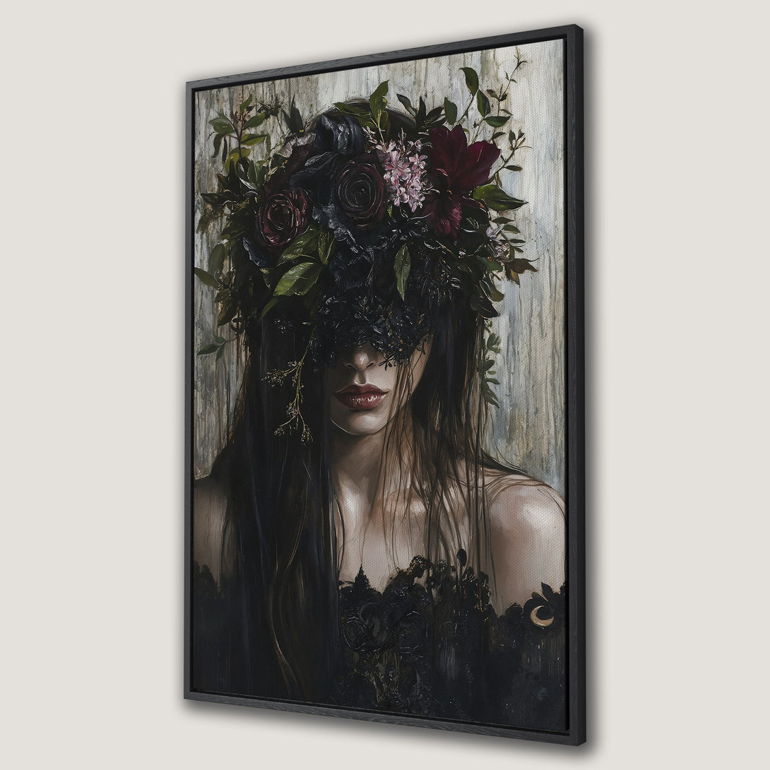 Framed Wall Art featuring a mysterious woman with a floral crown, dark and moody color palette, perfect for a gothic aesthetic.