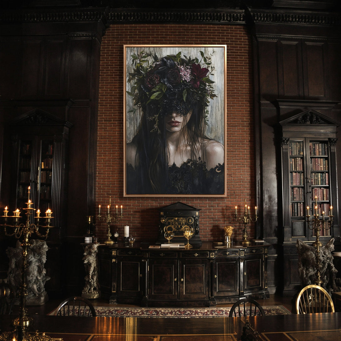 Framed Wall Art: Gothic portrait of a woman with a floral headpiece, displayed in a dark interior. Moody, dramatic art with a rich, dark color palette.