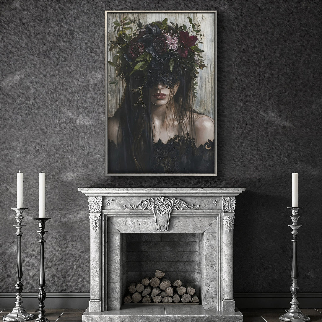 Framed Wall Art: Gothic portrait with floral crown, dark moody tones. Perfect for adding a touch of mystery to your home decor.