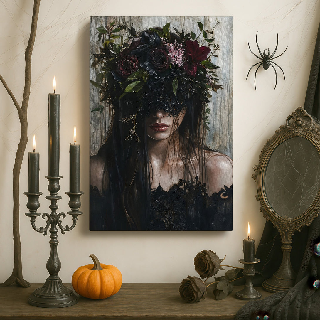 Framed Wall Art: Gothic portrait with floral crown, dark and moody color palette. Enhance your space with this stunning canvas print!