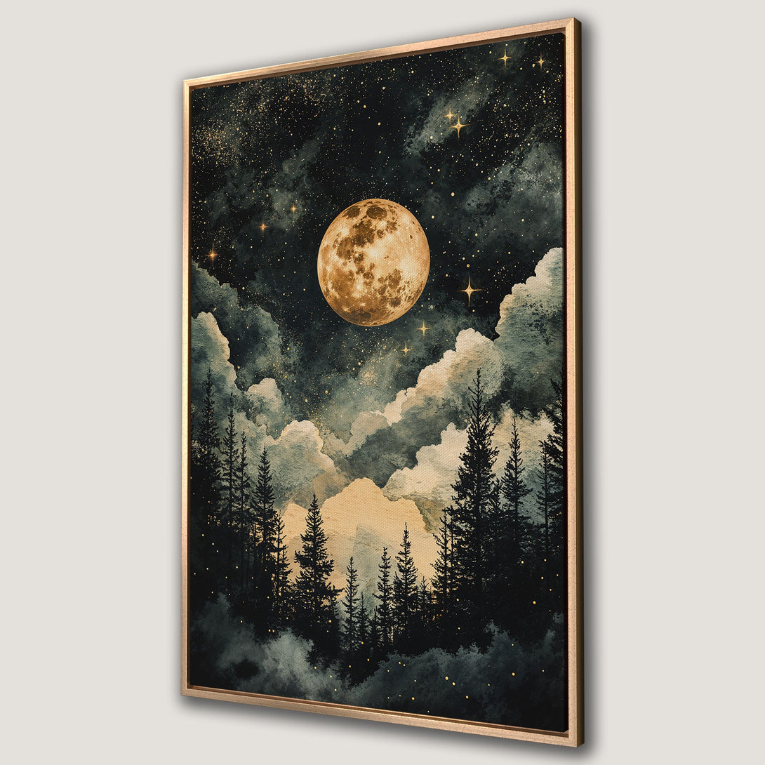 Framed Wall Art: Stunning watercolor night sky with moon and trees. Earthy tones and gold accents create a serene, celestial Canvas Print perfect for any space.