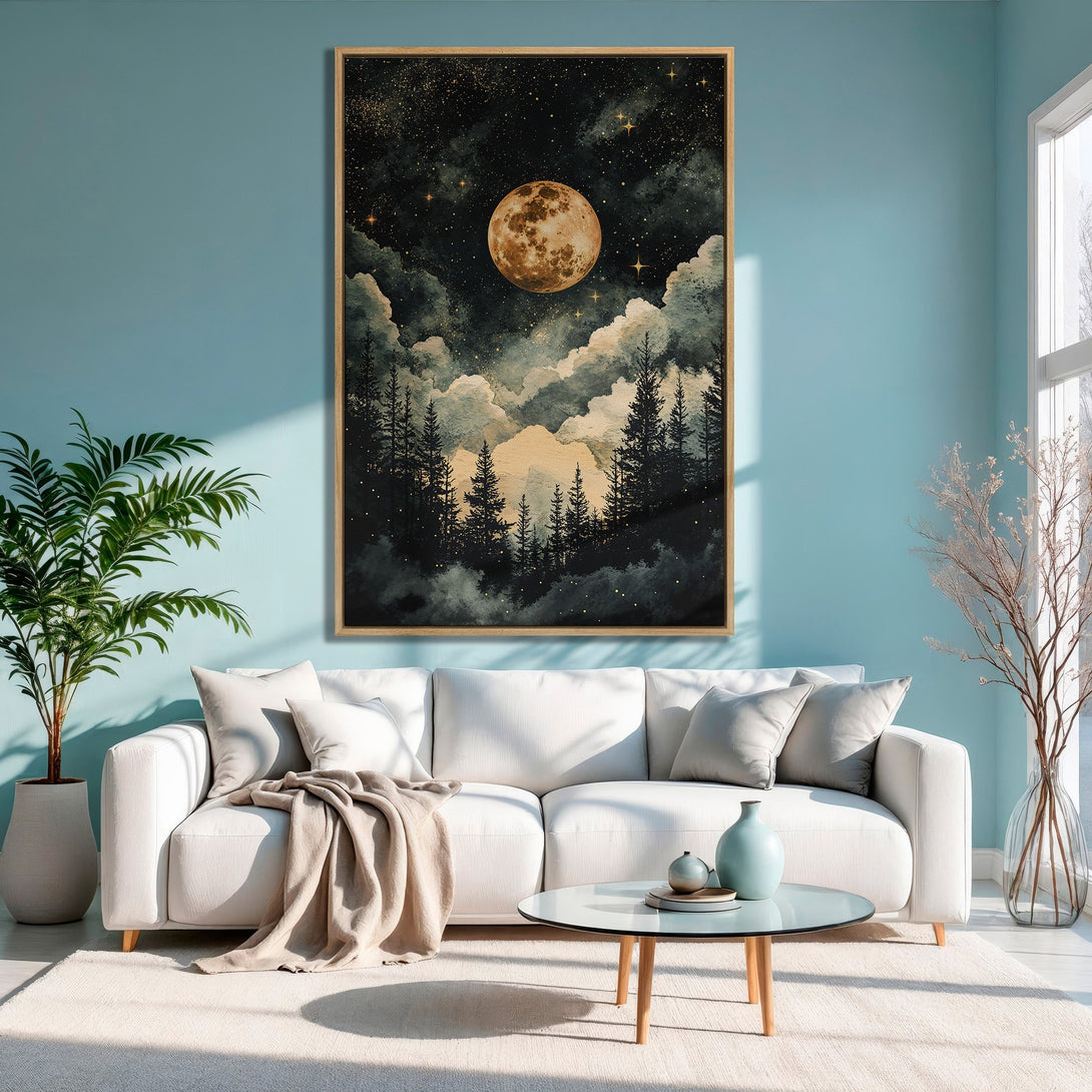 Framed Wall Art: Moonlit forest canvas print in a cozy interior. Watercolor style with gold, black, and beige tones. Perfect for adding a touch of nature.