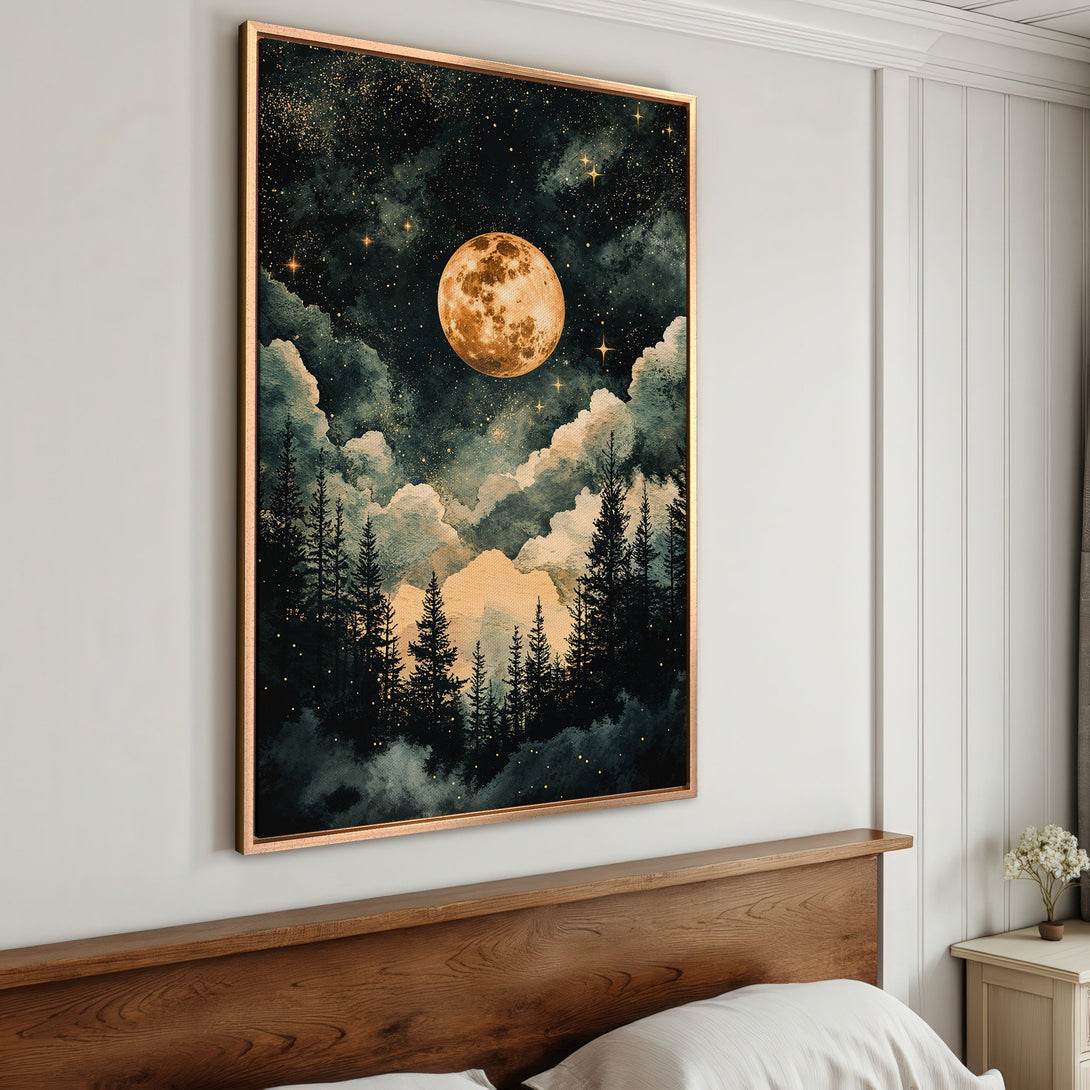 Framed Wall Art: Stunning moonlit forest scene. Watercolor style with a dark teal & gold palette. Perfect for bedroom decor. Add a touch of magic!