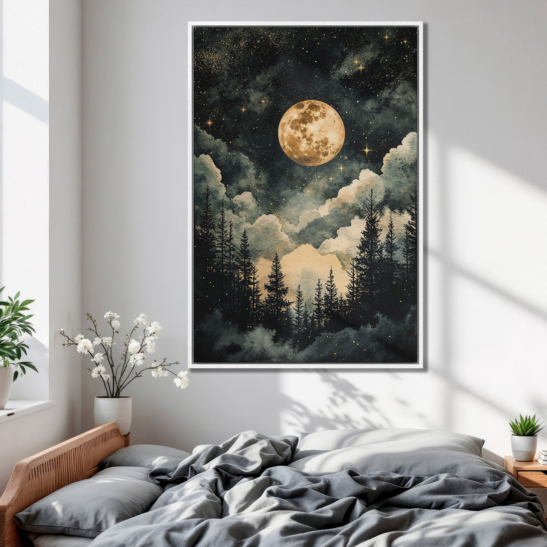 Framed Wall Art: Moonlit forest scene in a bedroom. Watercolor style, featuring a warm, golden moon against a dark, moody sky with a touch of gold.