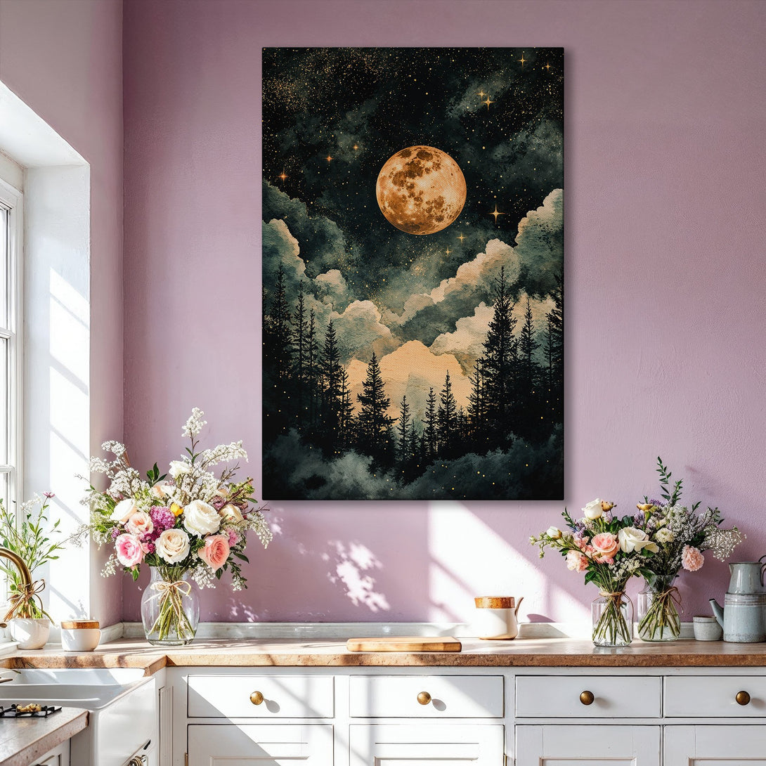 Framed Wall Art: Stunning moonlit forest scene Canvas Print. Evokes a serene, celestial atmosphere with dark blues, greens, and gold accents. Perfect for modern decor.