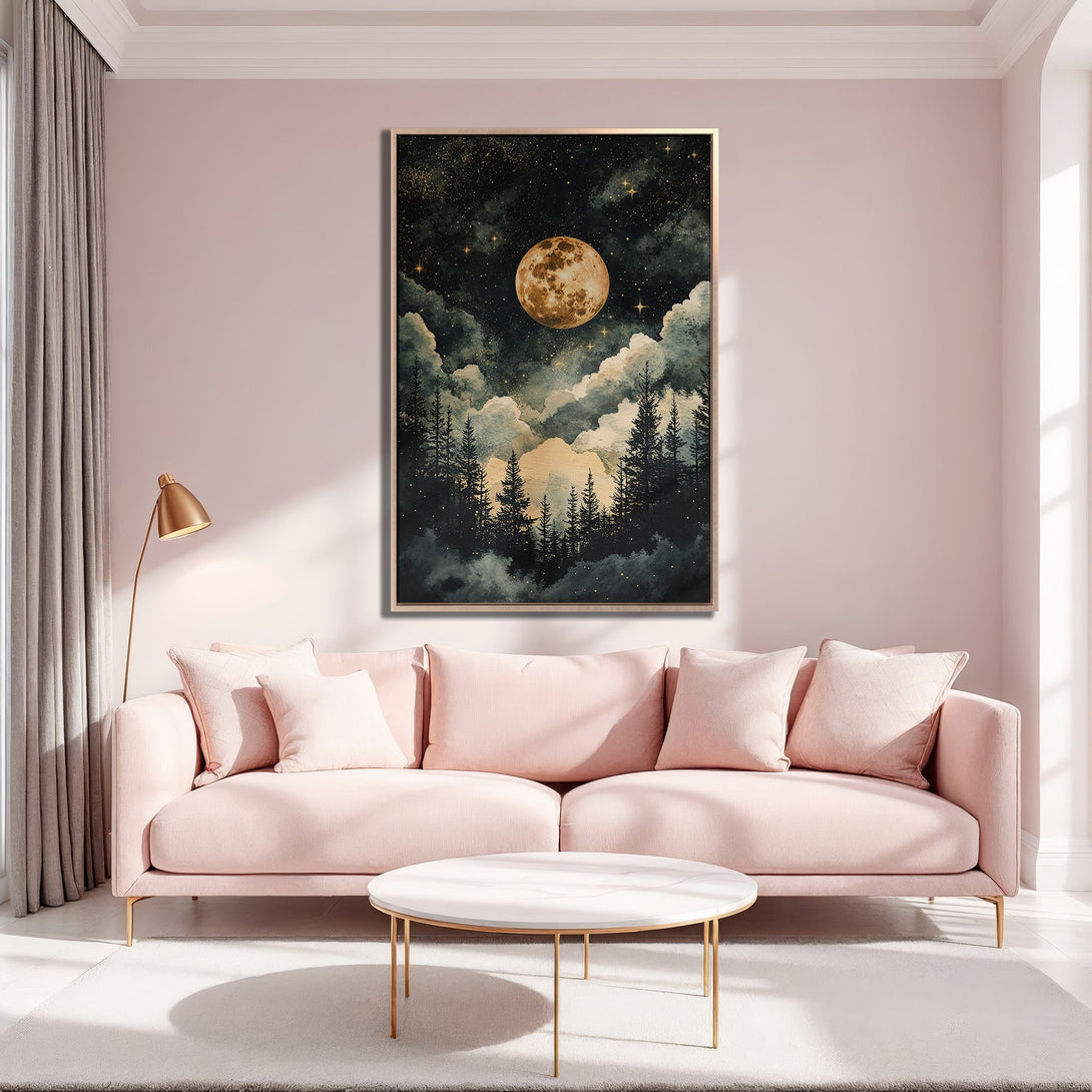 Framed Wall Art: Serene moonlit forest scene in watercolor style with a gold and dark green color palette, perfect for adding a touch of nature to your living room.