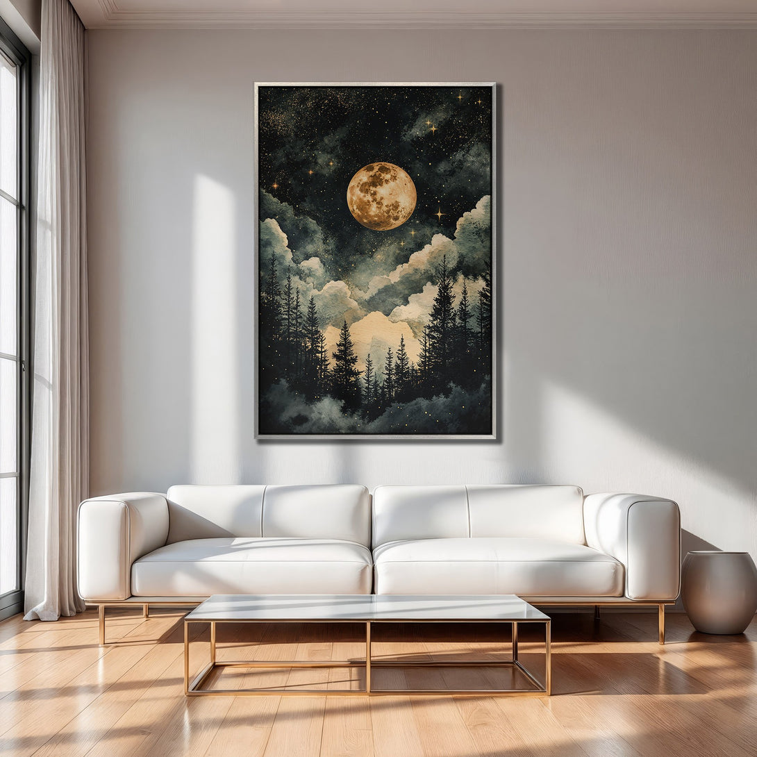 Framed Wall Art: Watercolor moonlit forest scene in a modern interior. Earthy tones and a touch of gold create a serene, stylish vibe.