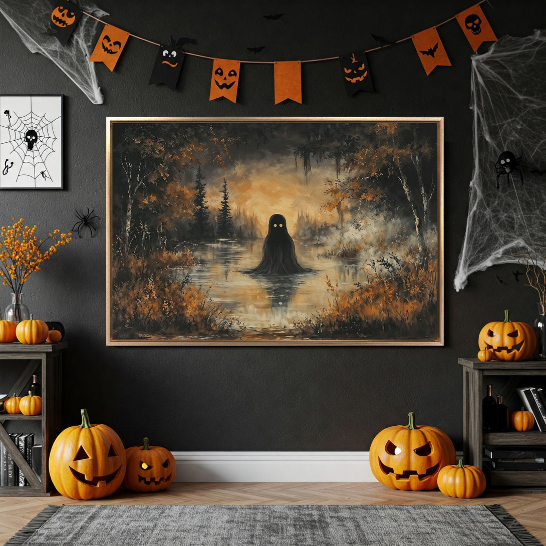 Framed Wall Art: Spooky ghost in a lake, moody landscape painting with orange and black color palette. Halloween decor inspiration.
