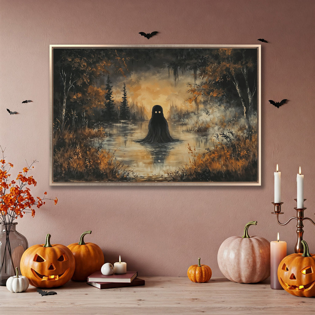Framed Wall Art: Spooky swamp scene Canvas Print with a dark, moody color palette. Perfect Halloween decor for your home!