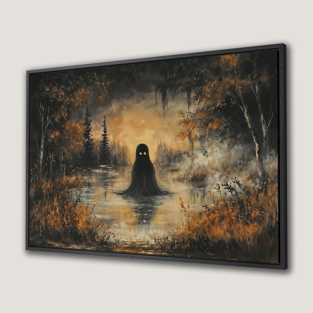 Framed Wall Art: Spooky swamp scene Canvas Print in autumnal hues. Features a mysterious figure in a lake with a dark, moody, and artistic style.