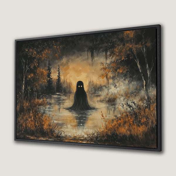 Framed Wall Art: Spooky swamp scene Canvas Print in autumnal hues. Features a mysterious figure in a lake with a dark, moody, and artistic style.