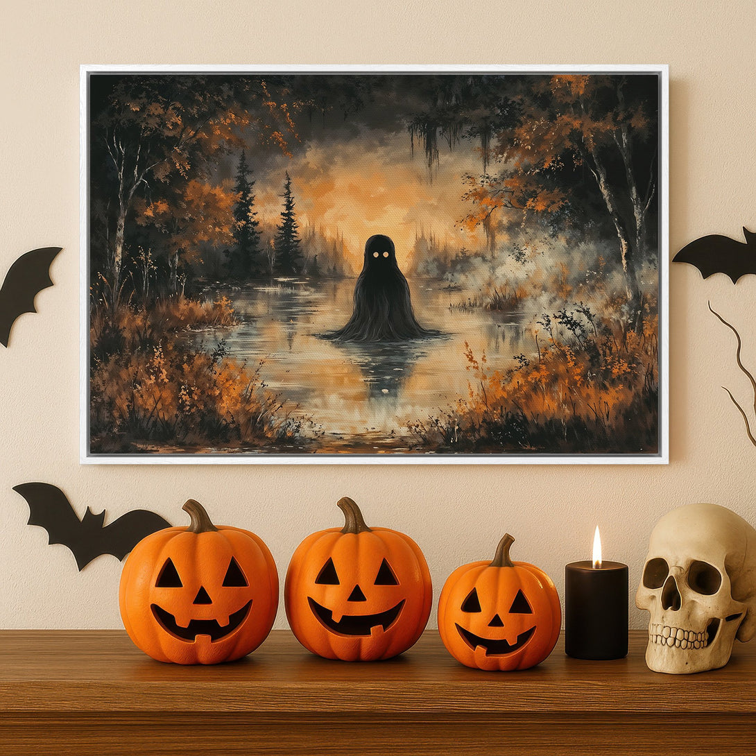 Framed Wall Art: Spooky Halloween scene with a ghostly figure in a swamp, painted in an autumnal color palette. Perfect for your haunted home!
