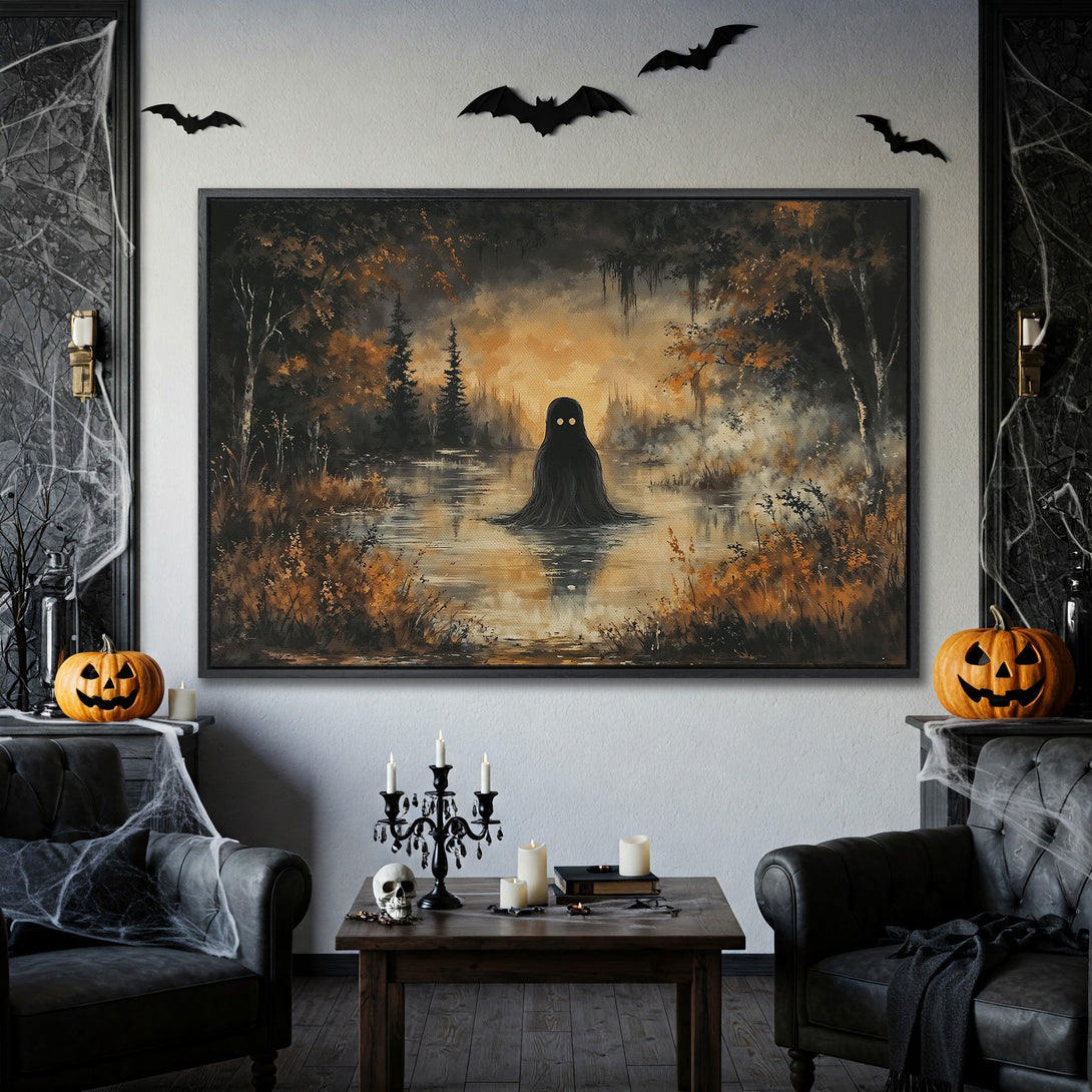 Framed Wall Art: Spooky swamp scene Canvas Print in moody orange & black, perfect Halloween decor for your home.