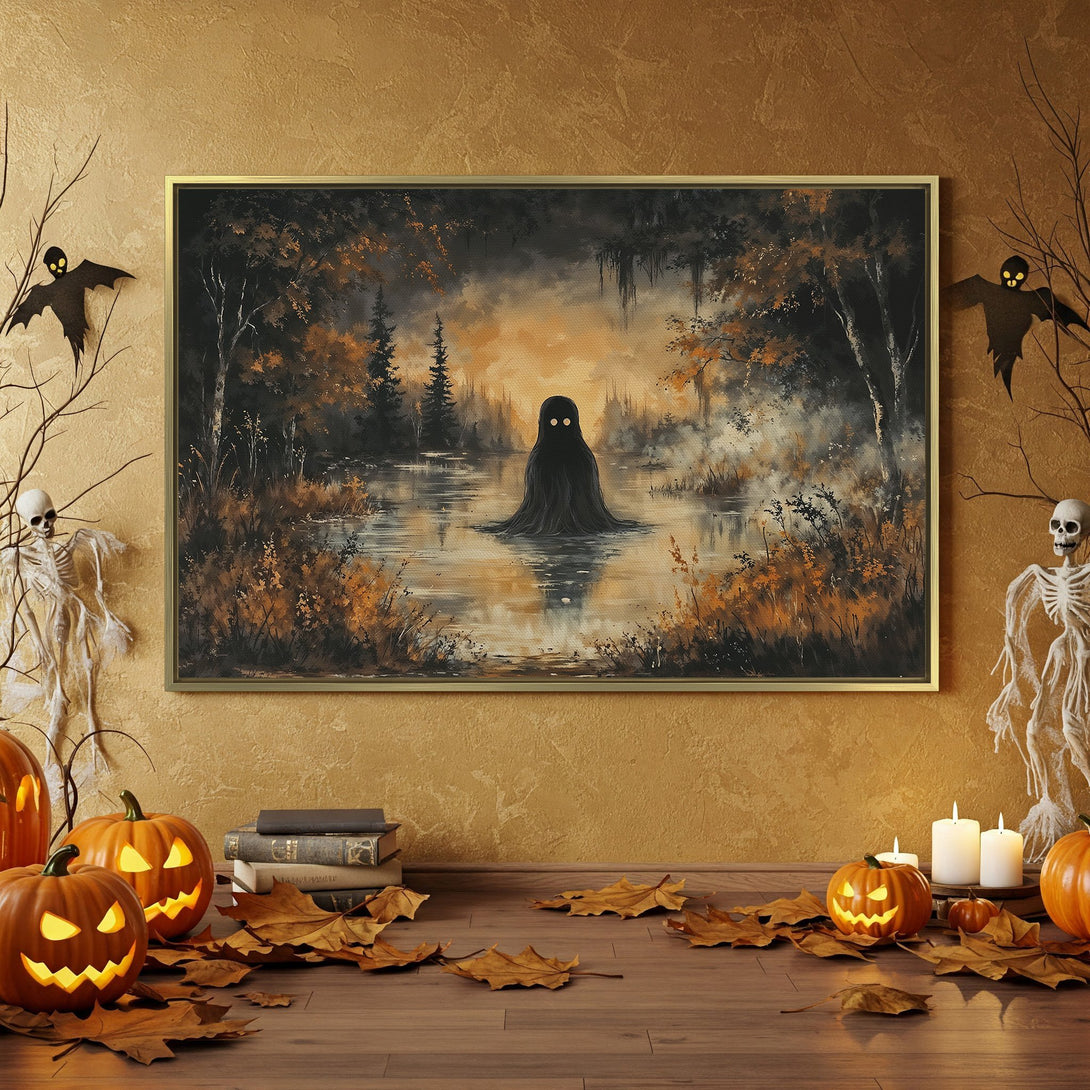 Canvas Print: Spooky Halloween scene with a dark, atmospheric painting in orange, black, and grey tones. Perfect for seasonal decor!