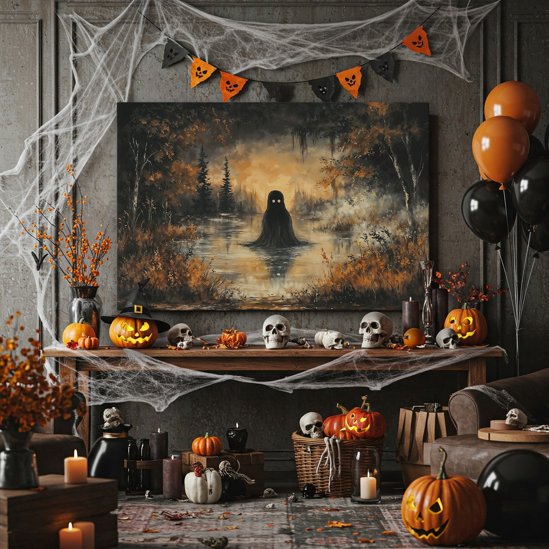 Framed Wall Art: Spooky swamp scene in muted orange and brown tones. Perfect Halloween decor! Canvas Print of a mysterious creature in a lake.