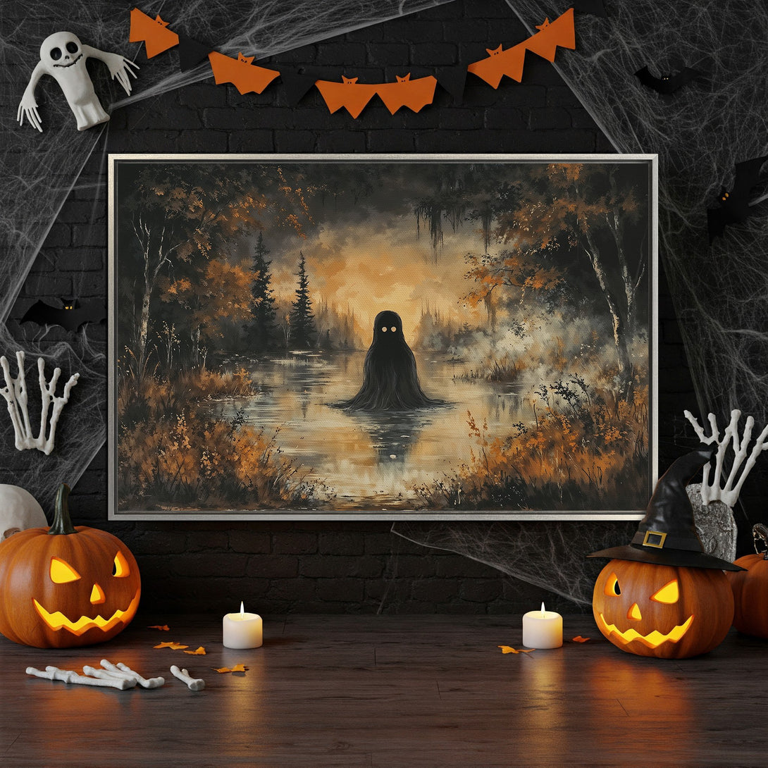 Framed Wall Art: Spooky swamp scene in warm orange and brown tones. Perfect Halloween decor. Canvas print of a mysterious, dark landscape.