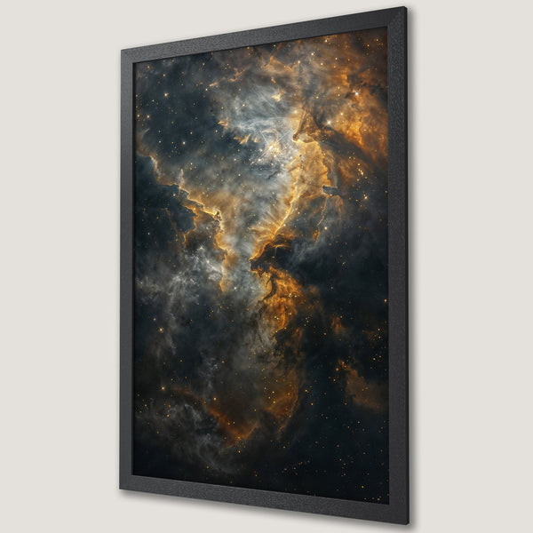 Framed Poster of a nebula in space. Dark, moody artwork with gold and grey tones. Perfect for home decor.
