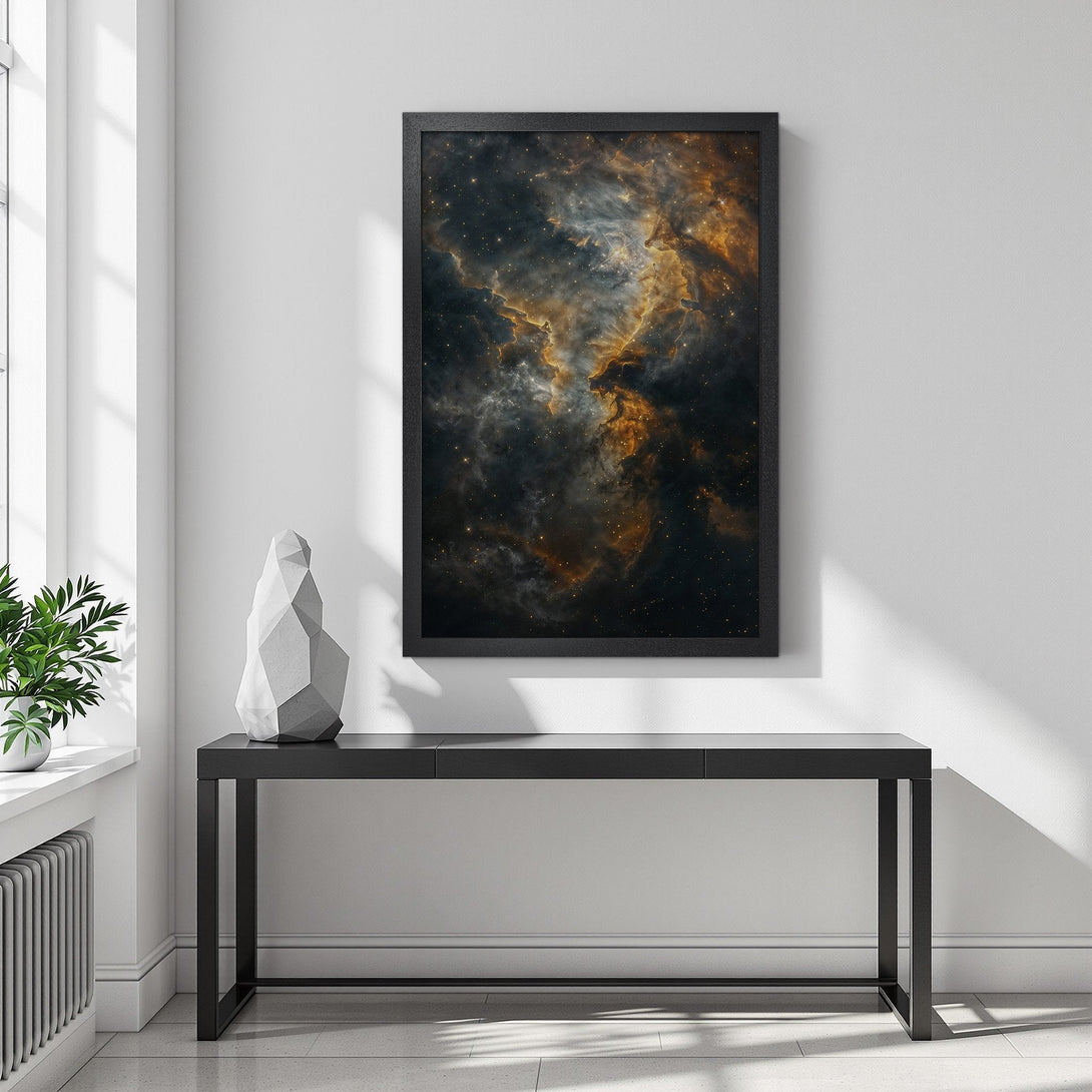 Framed Poster featuring a stunning nebula artwork. Modern decor with a dark, gold, and gray color palette. Add cosmic beauty to your space.