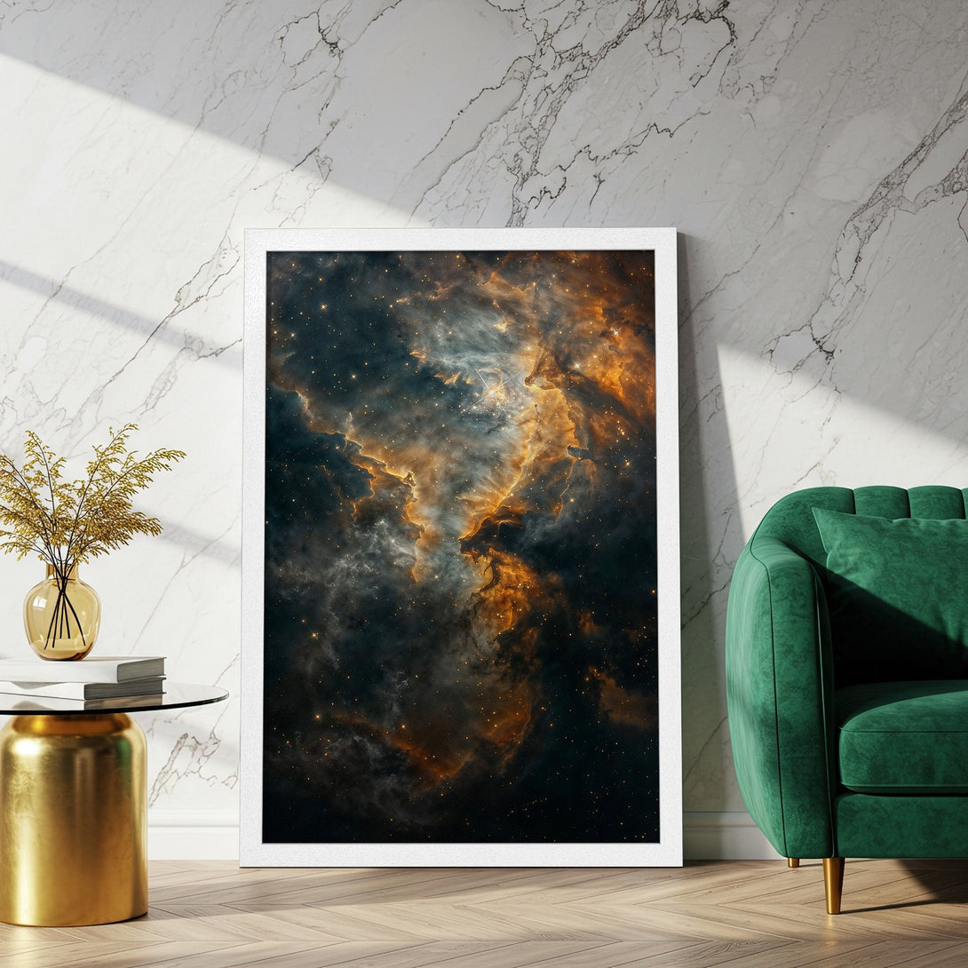 Framed Poster featuring a stunning nebula image. Modern art style with a dark, warm color palette. Perfect for home decor.